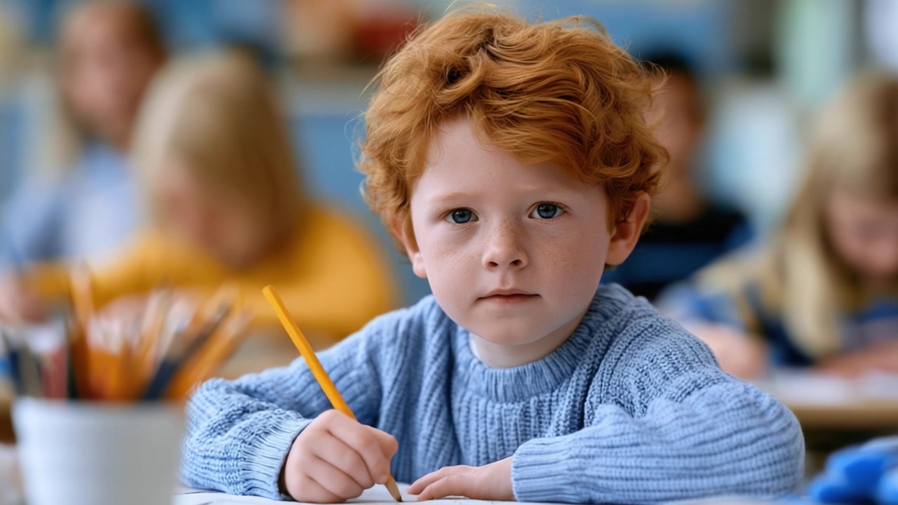 Uno studente impegnato nell'apprendimento creativo con espressione concentrata in un ambiente di classe, che evidenzia curiosità e immaginazione attraverso l'arte.