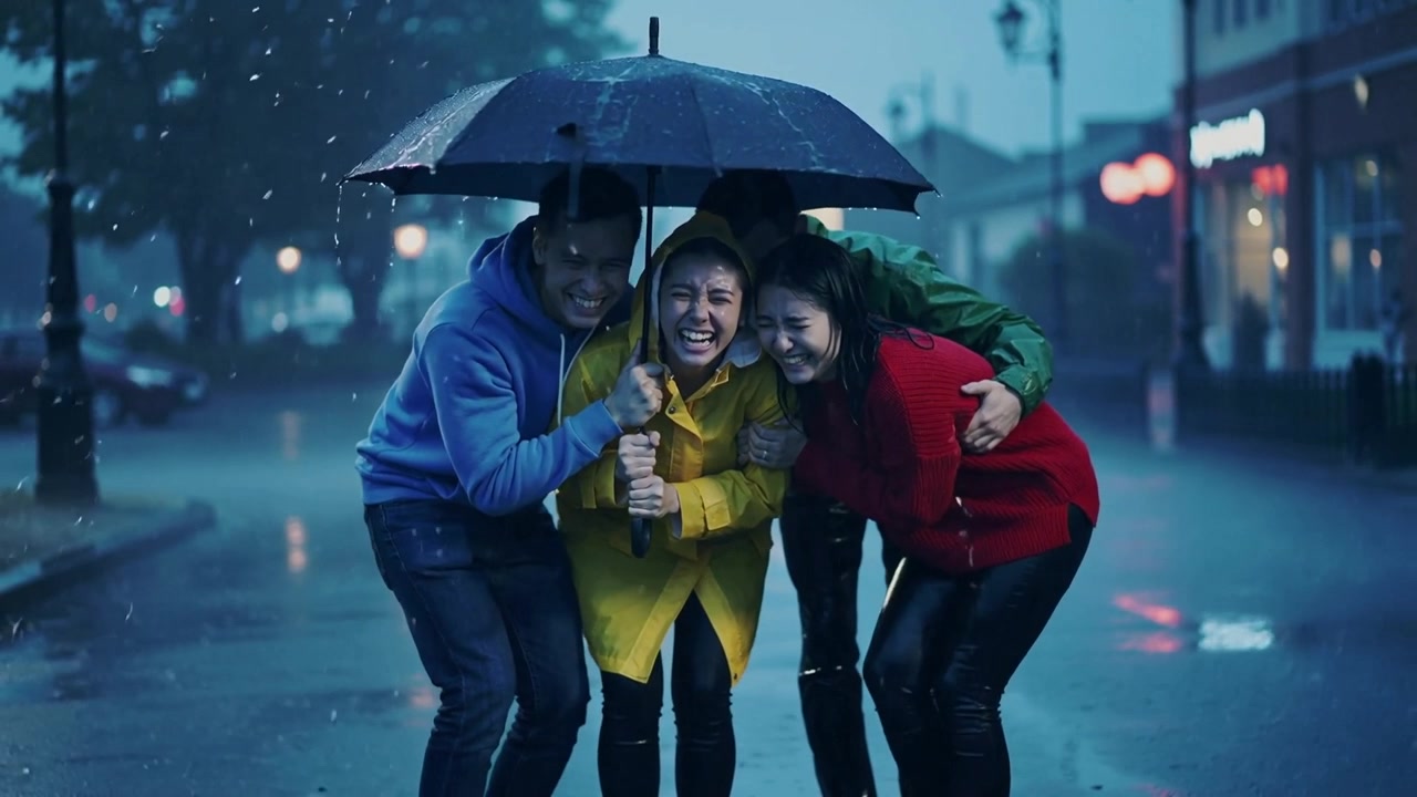 Rain starting, friends seeking shelter under black umbrella on dusk street in yellow blue red coats