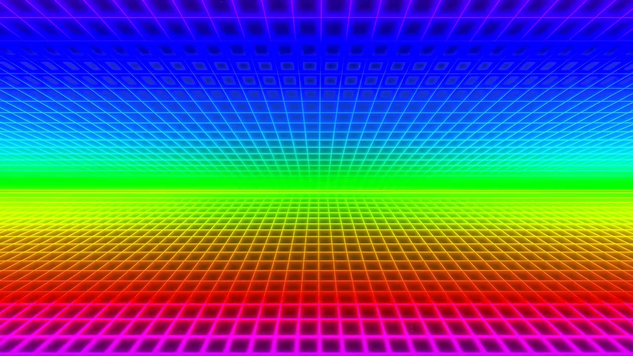 Symmetrical low angle view of neon grid interior with repeating luminous square tiles on floor and ceiling, rainbow bands, glowing horizon, converging perspective, immersive retro futuristic