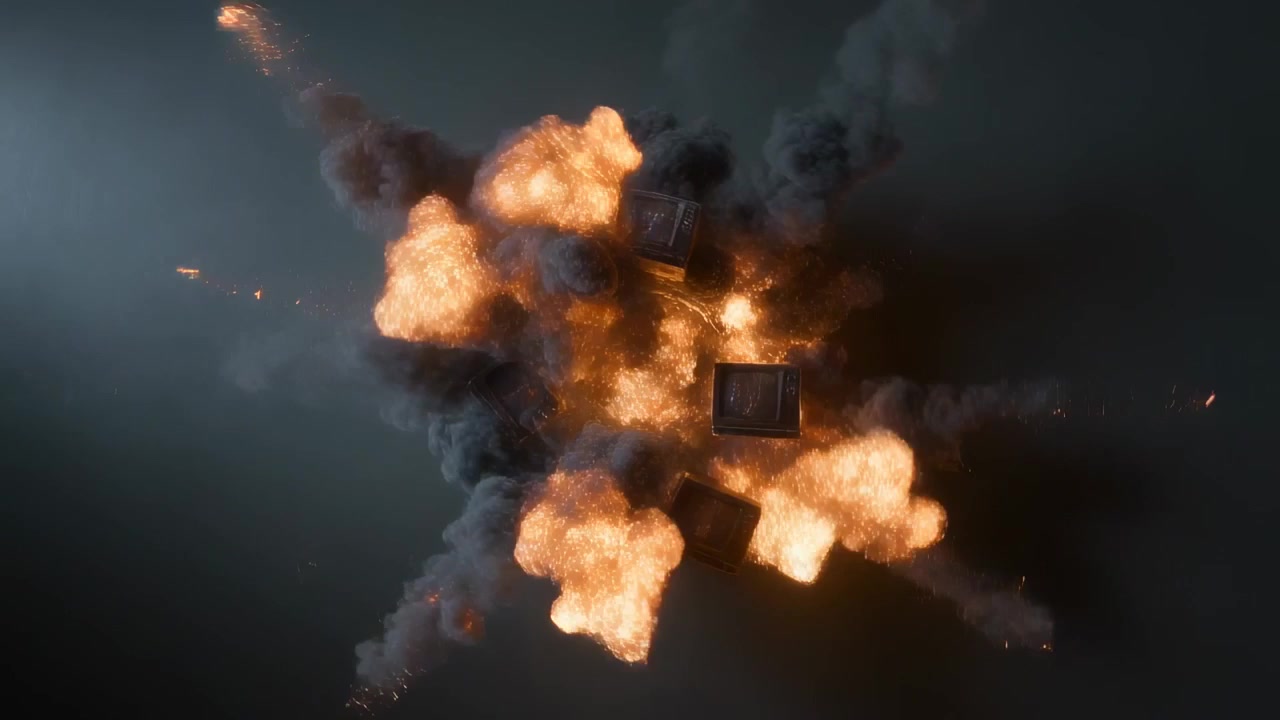 Klickendes Zahlenschloss setzt Feuerball im Studio frei, lässt CRT-Monitore und Rauch spiralförmig aufsteigen.