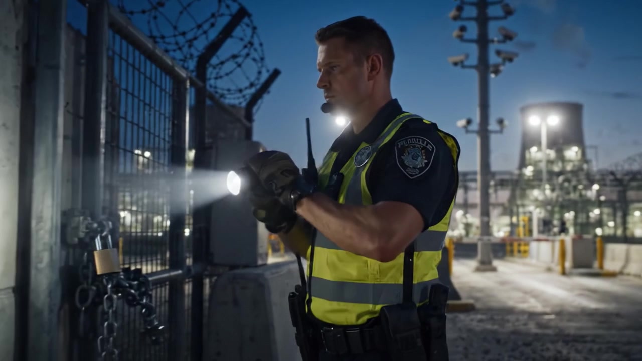 A security officer conducts a meticulous check at a heavily monitored industrial facility at dusk, ensuring safety and security with a flashlight in hand.