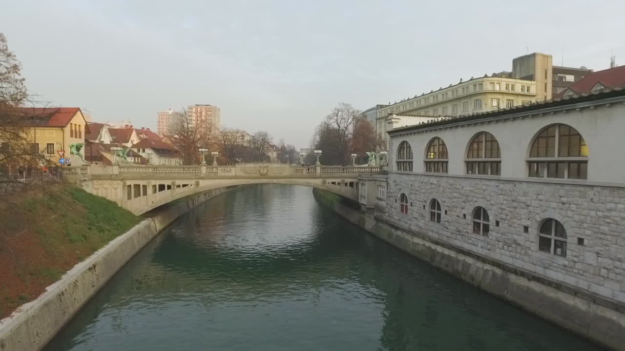 Flying backwards over the river in Ljubljana, Slovenia.