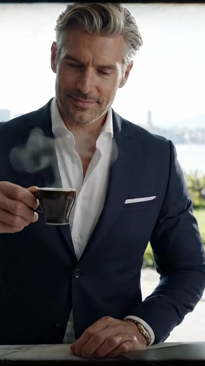 Uomo elegantemente vestito si gode un caffè in uno spazio di lavoro sofisticato con vista panoramica sulla città, evidenziando stile, relax e scelte di vita moderne
