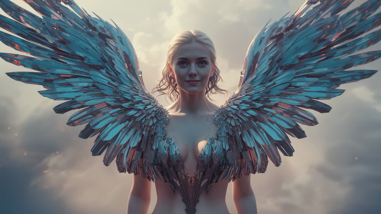 Emerging armored warrior opening eyes smiling and stepping amid clouds with metal wings and embers