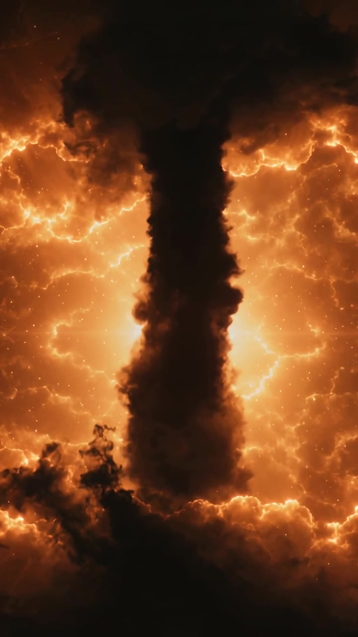 Vertikales Video: Dicker werdende Rauchsäule steigt auf und sendet Glut, während sich Sturmwolken verdichten.