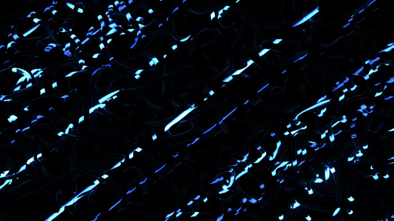 굴곡된 튜브에 파란 네온 빛이 달리는 추상적인 루프 4k 어두운 배경, 축제 쇼 또는 휴일 이벤트, 전시, 축제 또는 콘서트, 뮤직 비디오, 나이트 클럽을위한 vj 루프