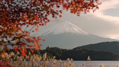 una vista impresionante del monte fuji que se eleva majestuosamente sobre el lago kawaguchiko, rodeado de un vibrante follaje de otoño rojo y naranja.