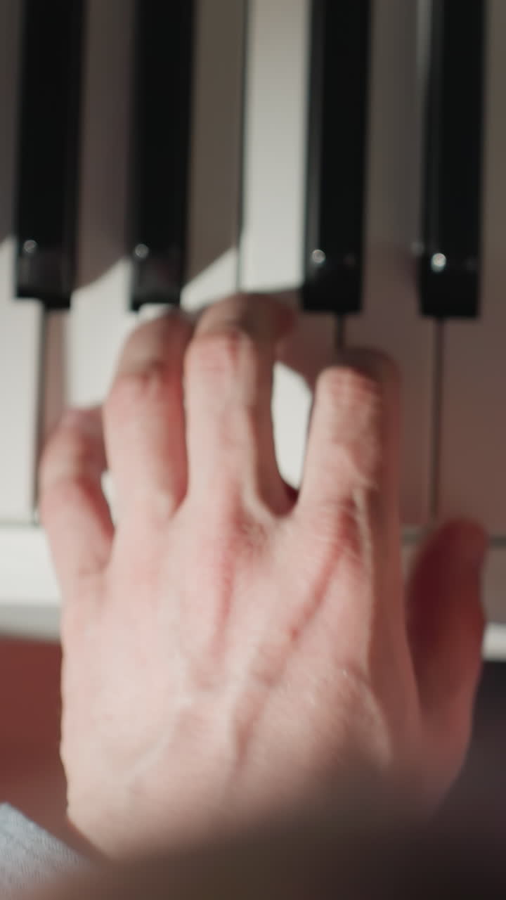 피아노를 능숙하게 연주하는 손의 친밀한 클로즈업, 흐릿한 배경에 대해 검은색과 색 키의 정확한 상호 작용을 보여주는 이 비디오는 음악적 표현의 본질을 포착합니다.