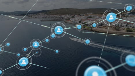 network of connections and data processing animation over coastal town and sea