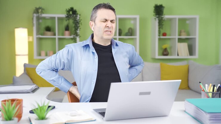 Home office worker man experiencing back pain due to sitting disorder.