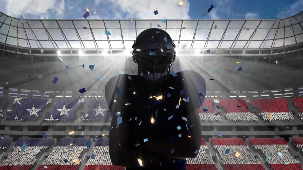 스포츠 경기장을 상대로 헬 ⁇ 을 착용 한 남성 럭비 선수 위에 떨어지는 콘페티