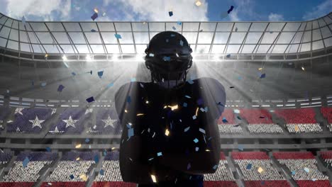 confetti falling over male rugby player wearing a helmet against sports stadium