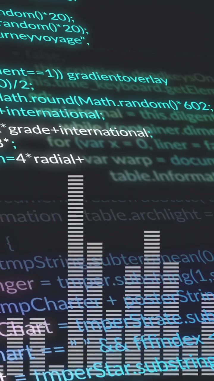 Digital kode og søjlediagram-animation over mørk baggrund med farverig tekst