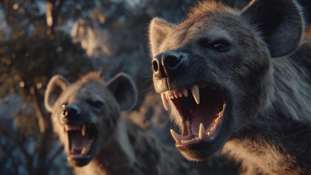 A Dynamic Duo of Hyenas: Capturing the Intensity and Ferocity of These Fascinating Creatures in Stunning Detail During Their Vocalization Moment