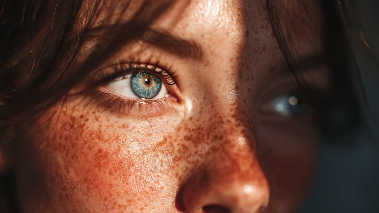 An Intimate Glimpse into a Young Woman’s Freckled Face, Capturing the Depth of Her Blue Eye in Stunning Detail and Dramatic Lighting