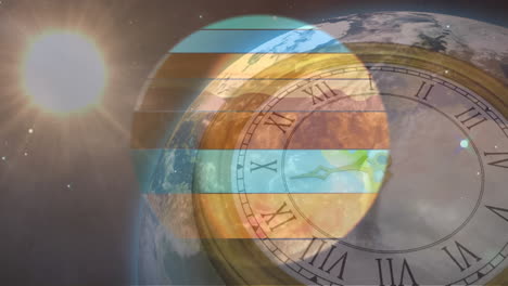 animation of multicoloured planet earth, solar system and space over clock ticking