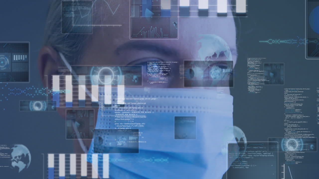 woman wearing mask and glasses and headset viewing medical technology charts and code in interface