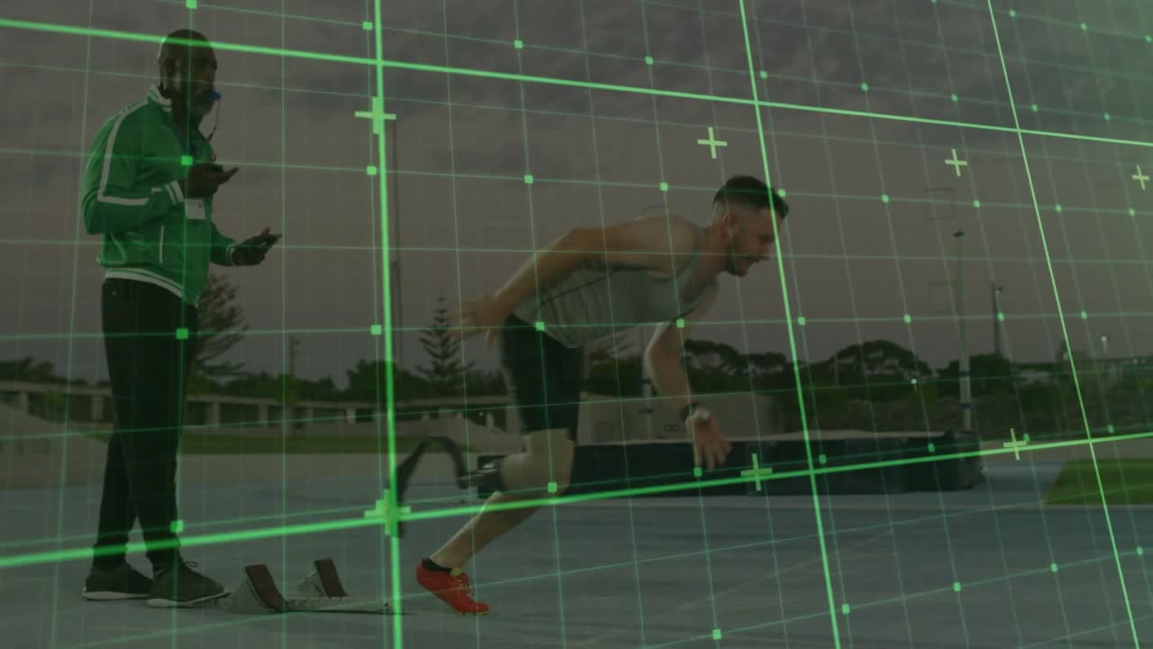 Coach giving phone start command while athlete fixing prosthetic blade and pushing off track blocks