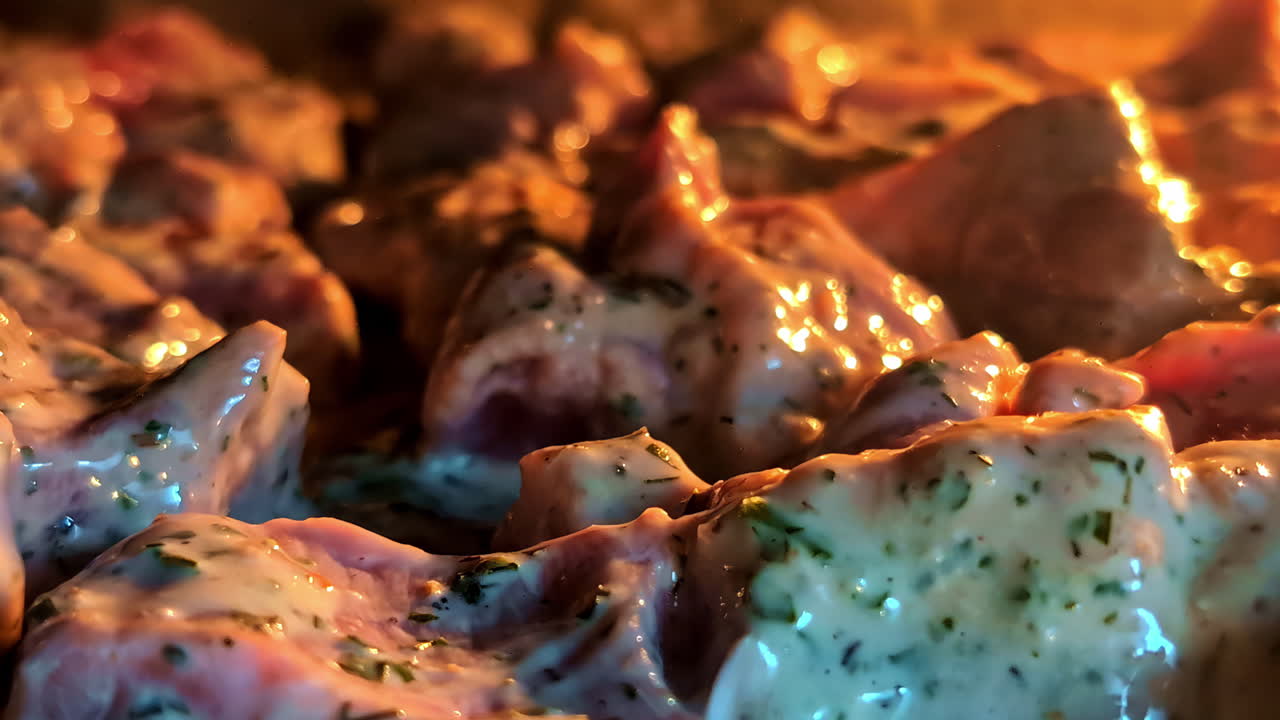 Raw marinated meat cooking in oven under warm heat and soft orange lighting