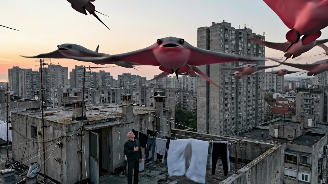 Mann på taket ser på flygende djevelrokkelignende skapninger over en dystopisk by