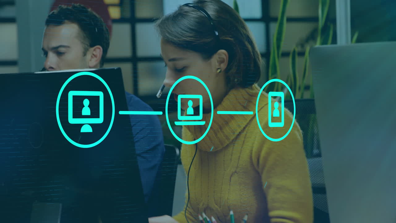 animación de conexiones con iconos sobre diversas personas de negocios que usan auriculares de teléfono