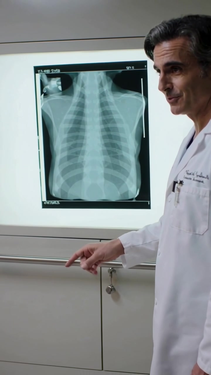 Vertical video: Pointing doctor in lab coat explaining chest xray on lightbox at clinic, copy space