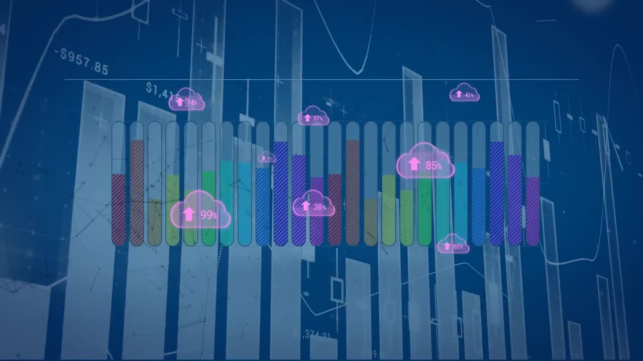 animación de nubes con números sobre gráficos y datos en fondo azul