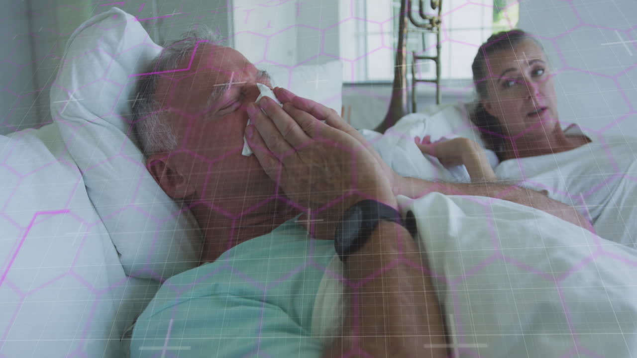 animación de líneas en movimiento sobre una pareja caucásica mayor acostada en la cama