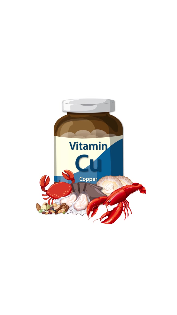 L'etichetta della bottiglia di integratore di rame si anima, poi frutti di mare e noci appaiono intorno ad essa su sfondo bianco