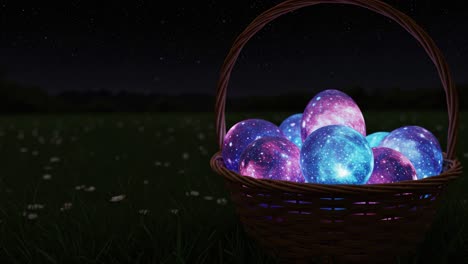 A Basket of Cosmic Eggs: A Captivating Display of Colorful, Starry Eggs Set Against a Mysterious Night Sky, Perfect for Celebrating Imagination and Wonder