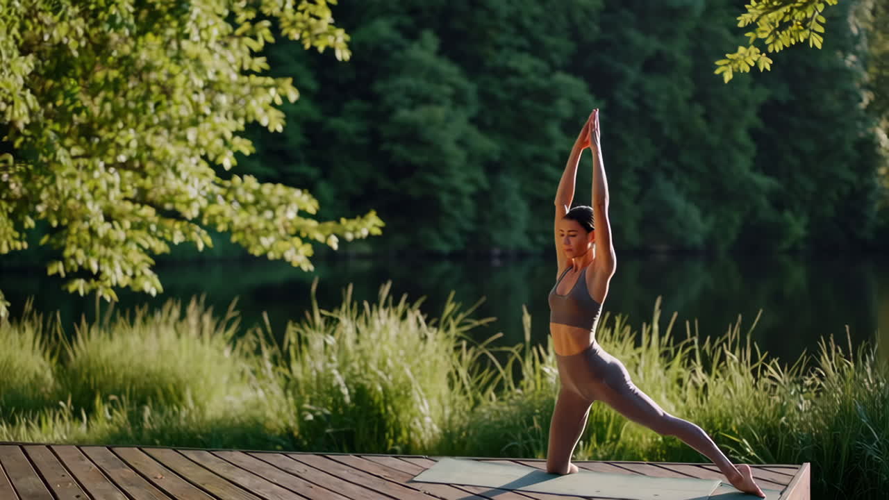 Yoga practice outdoors by the lake