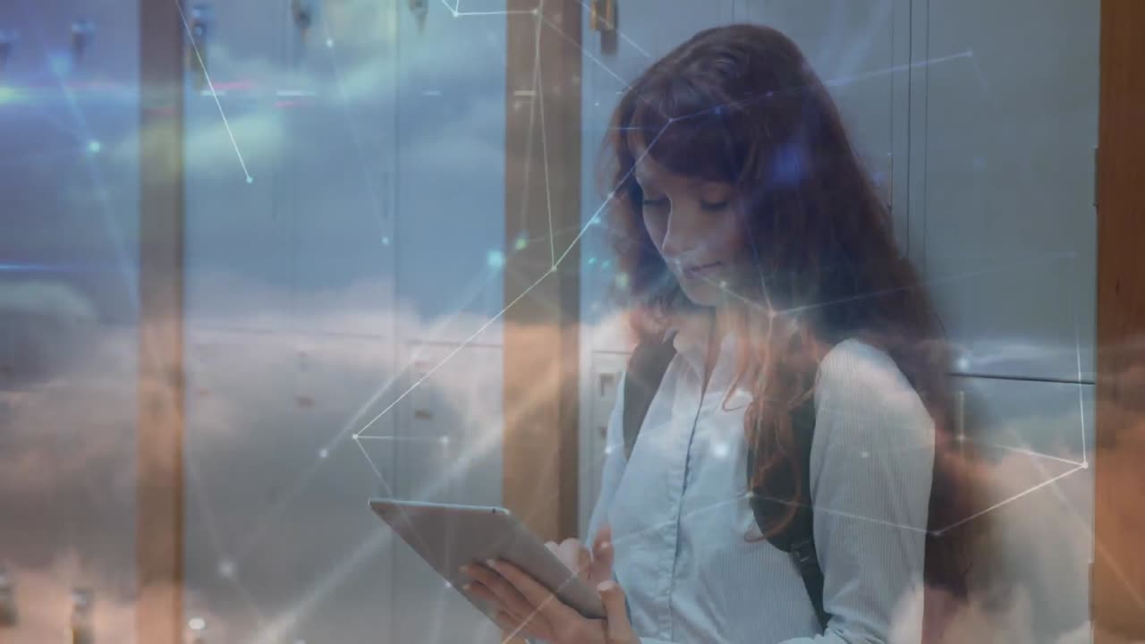 animación de la red de conexiones a través de una estudiante usando una tableta