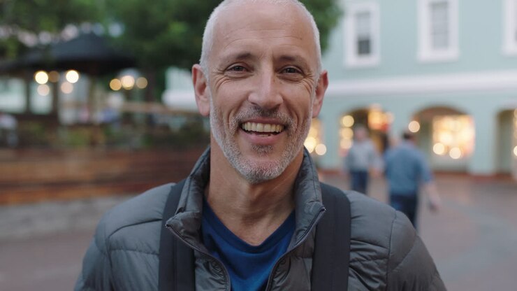 ritratto ravvicinato di un attraente turista caucasico maturo che guarda la telecamera sorridendo sullo sfondo urbano