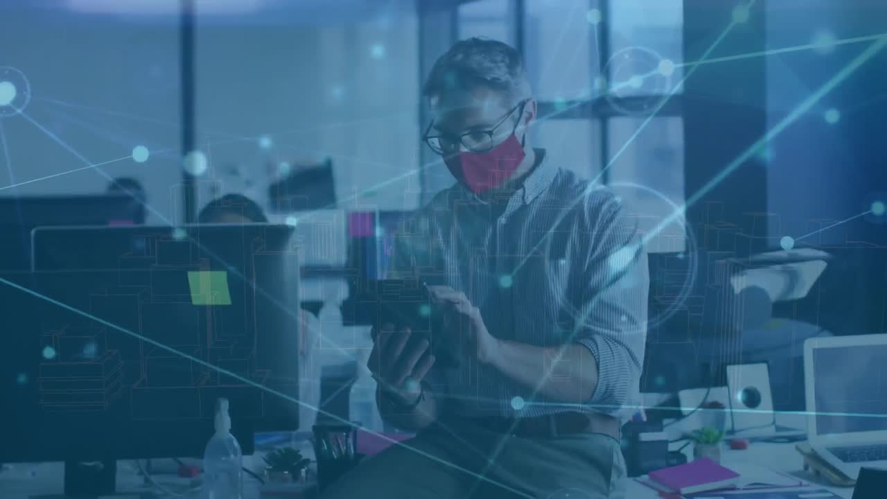 Animation of network of connections over caucasian businessman wearing face mask