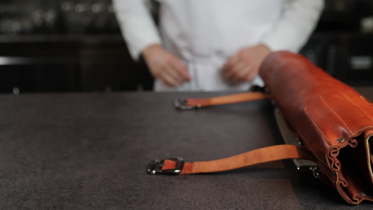 Chef using a Leather Knife Roll