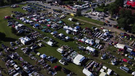 aerial drone shot of car boot market in europe