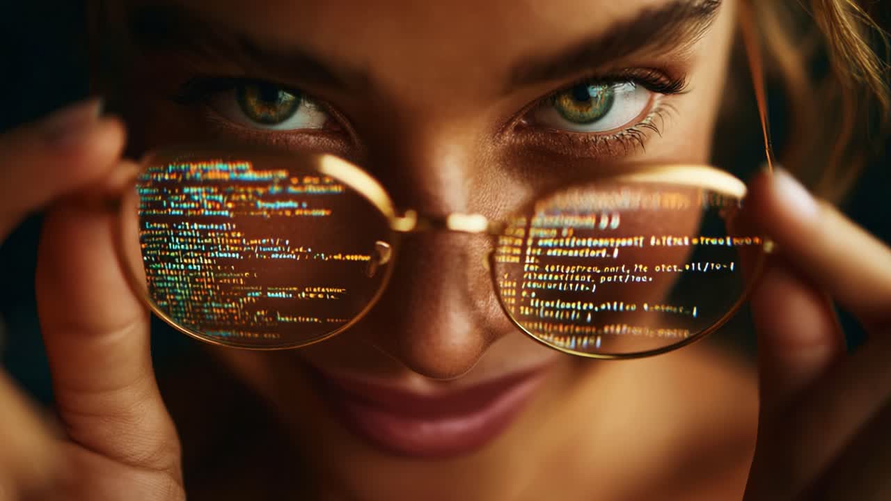 A Close-Up of a Woman with Stylish Glasses Displaying Code Reflections, Showcasing the Intersection of Technology and Beauty in a Captivating and Engaging Visual Perspective