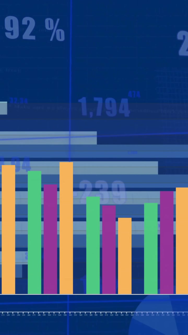Animation of colourful graph over charts and data processing on blue background