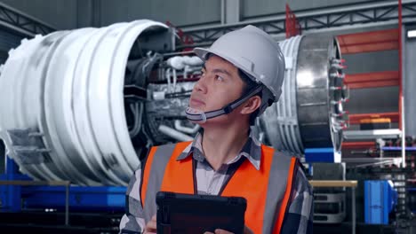 close up of asian male engineer with safety helmet looking at the tablet in his hand and looking around while standing with airplane engine maintenance conducted, analytics checking the turbine
