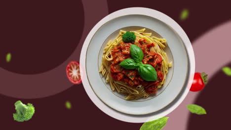 Pasta-Con-Brócoli,-Salsa-De-Tomate-Y-Albahaca-Encima