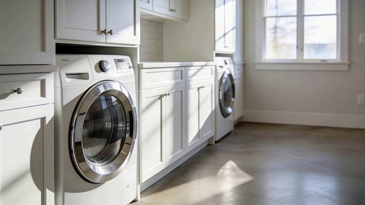 Shifting sunlight crossing laundry floor as sun shifting, revealing washer and dryer, copy space