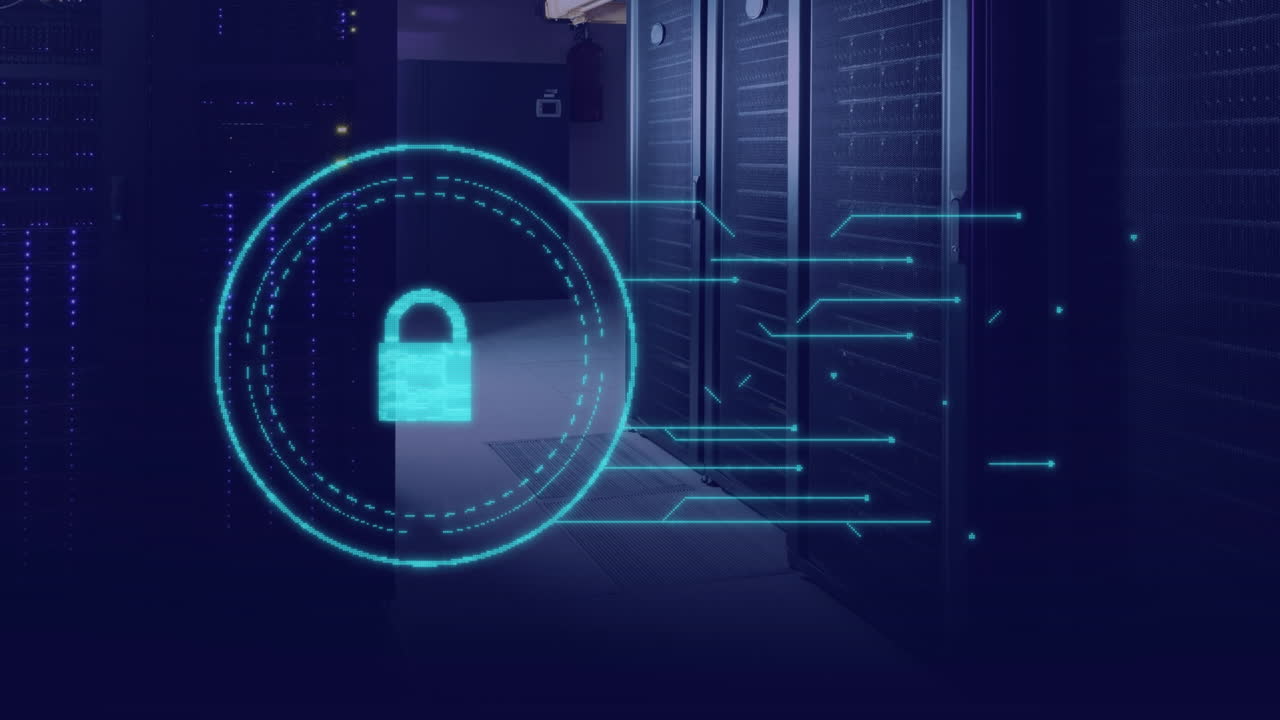 icono de candado de seguridad y procesamiento de datos de seguridad cibernética contra la sala de servidores de computadoras