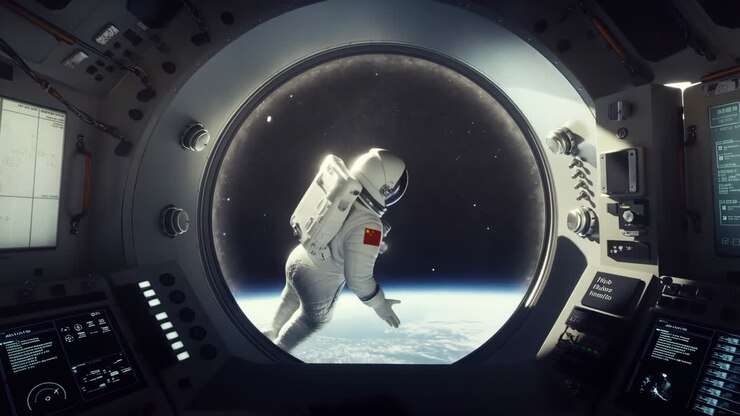 Astronaut floating outside a spacecraft, viewed through a circular window from the cockpit