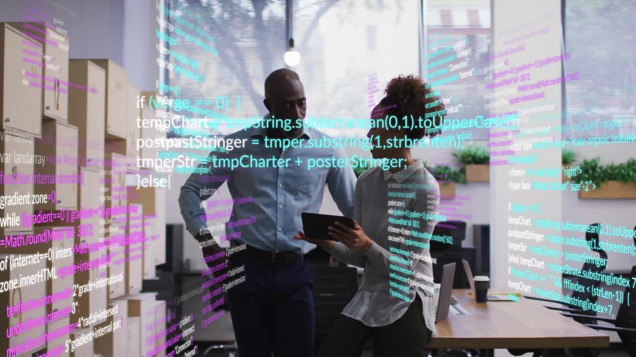 Woman tapping tablet and showing manager, starting code overlay over laptop, reviewing inventory