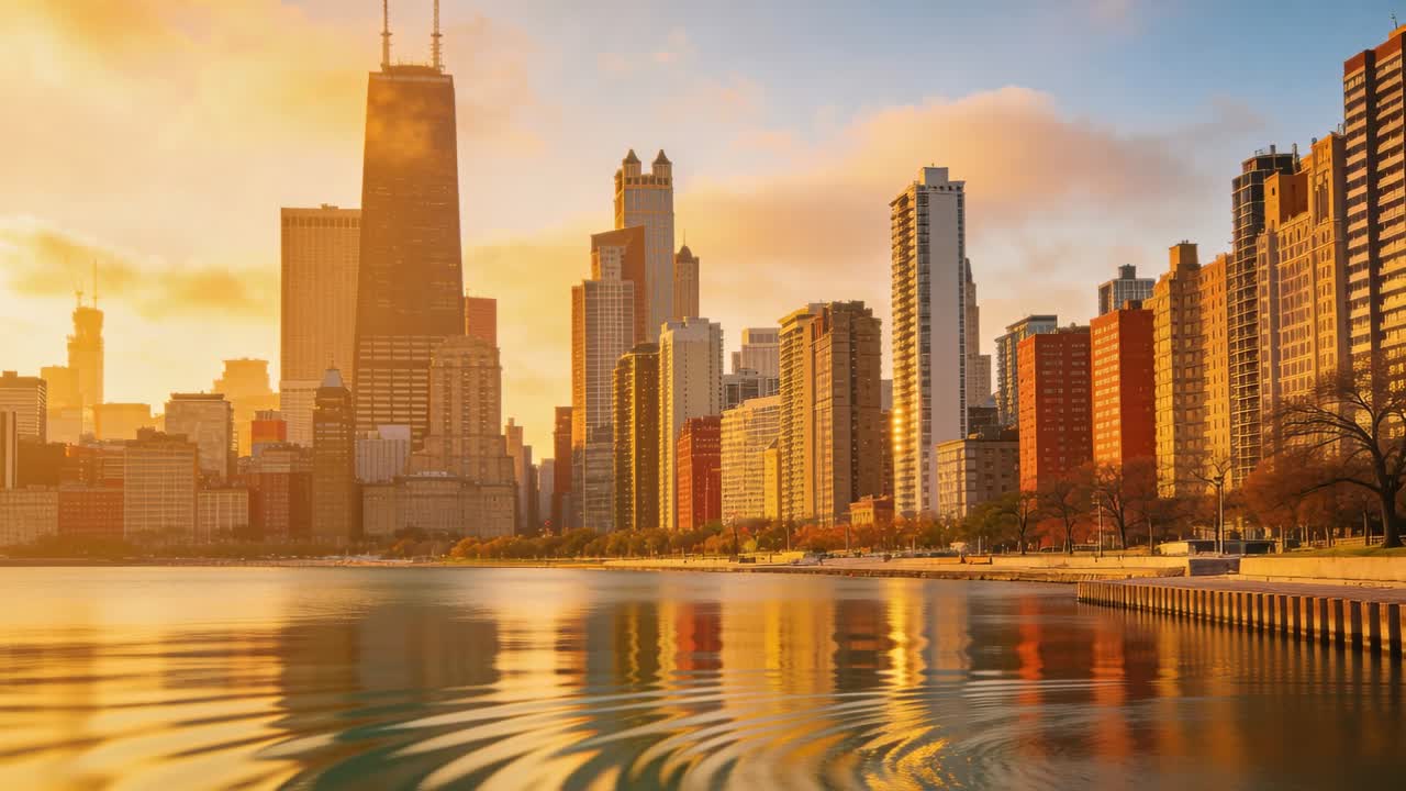 Onda começando à esquerda se espalhando pelo lago na margem da cidade na hora dourada, distorcendo reflexos da torre.
