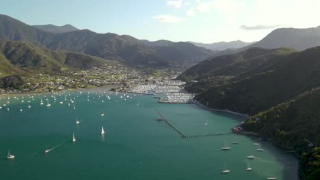 Aerial-View-Of-Waikawa-Marina-On-Waikawa-Bay-In-Picton,-New-Zealand