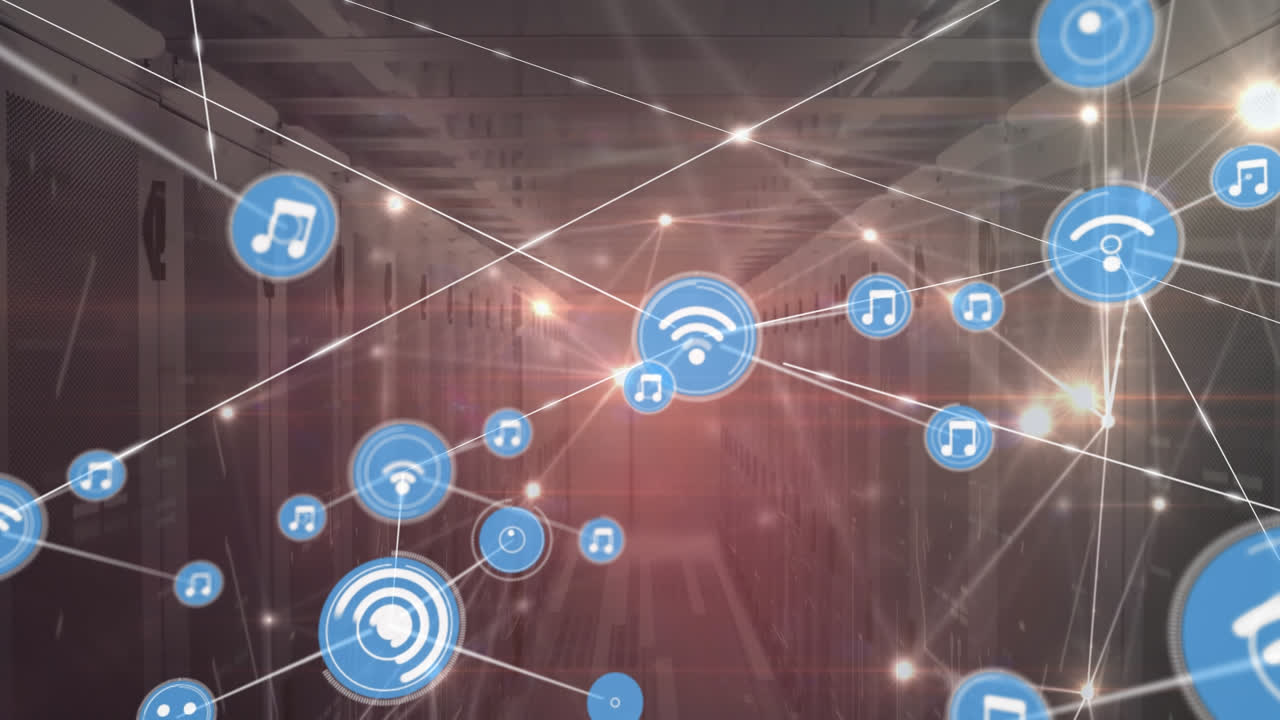 animación de la red de conexiones con iconos sobre servidores