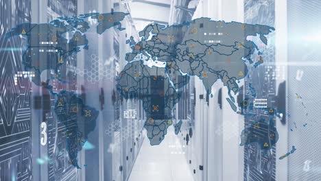 animation of numbers and alphabets foating over world map against computer server room