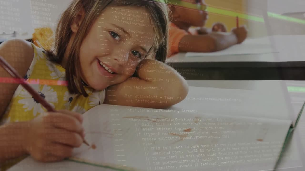 Animation of data processing over portrait of caucasian girl studying in the class at school