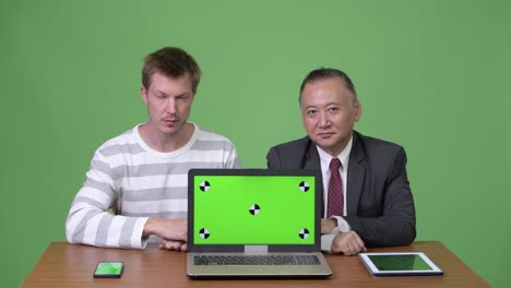 mature japanese businessman and young scandinavian businessman working together